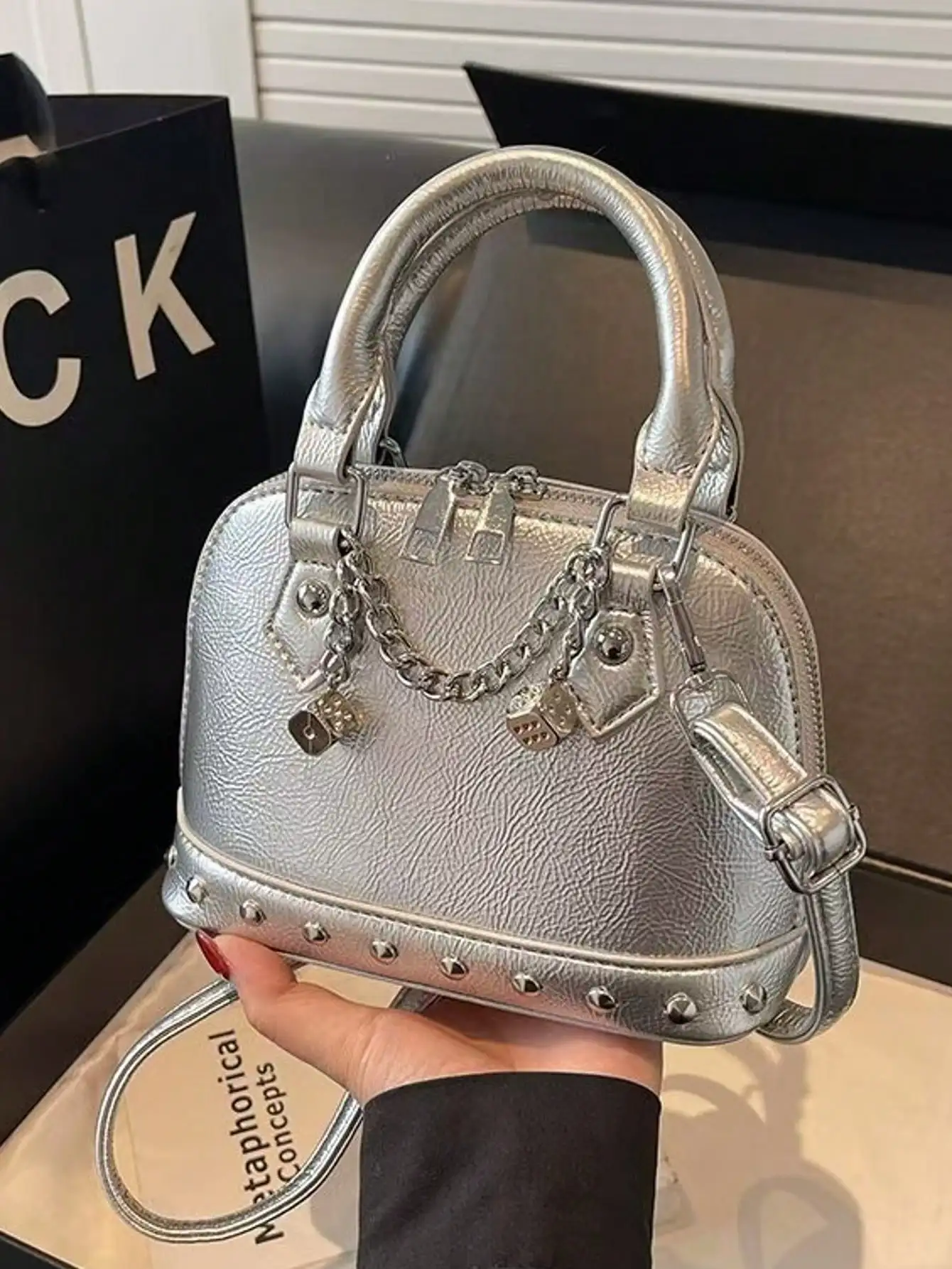 Silver PU Punk Rivet Chain Shell Bag - Mini Clutch/Underarm Bag for Shopping & Commuting