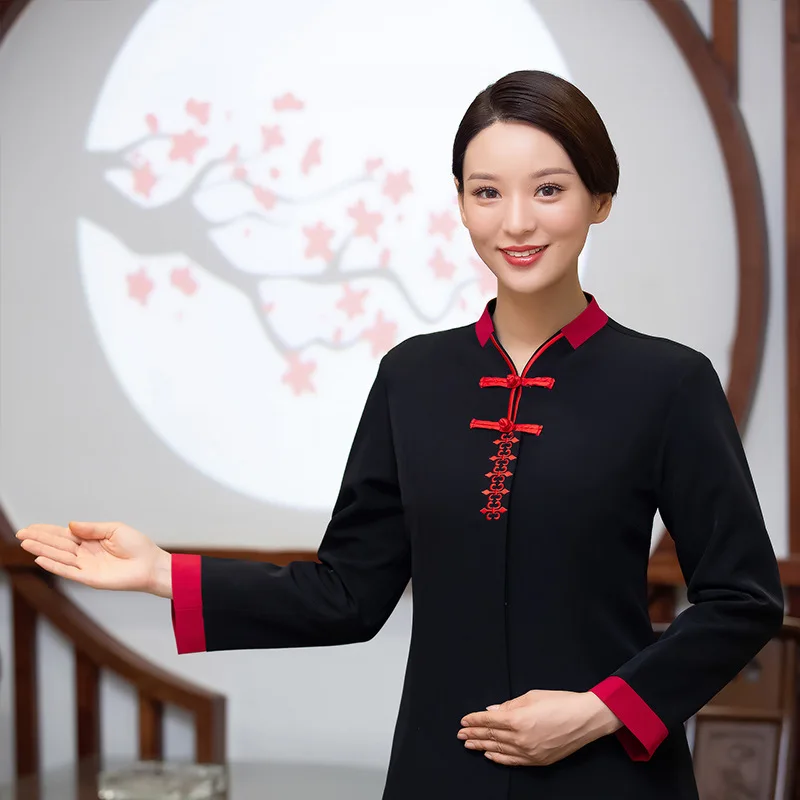 Uniformes de trabalho do hotel outono inverno feminino pote quente restaurante churrasco casa chá estilo chinês garçom manga longa unisex