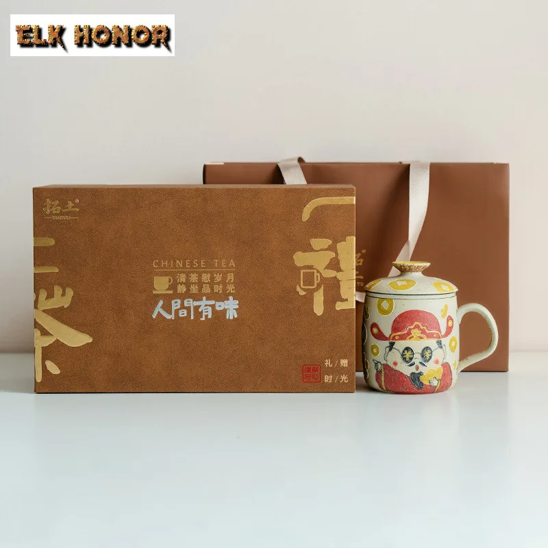 430ml Hand-painted The God Of Wealth Filter Tea Separator Cup Ancient Tea Mug With Infuser Tea Maker Office Water Cup Tea Items