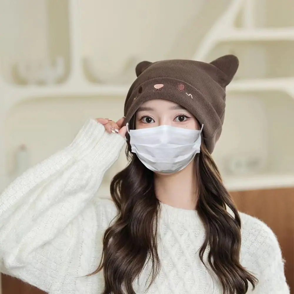 Solid Color Knitted Hats Cute Windproof Cat Ear Pullover Beanie Caps Ear Protection Winter Warm Skull Cap