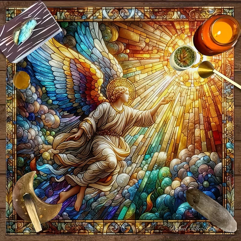 50/75/110/137cm Stained Glass Angel Wing Mystical Symbol Tarot Tablecloth Vibrant Print Altar Cloth Divination Spiritual Rituals