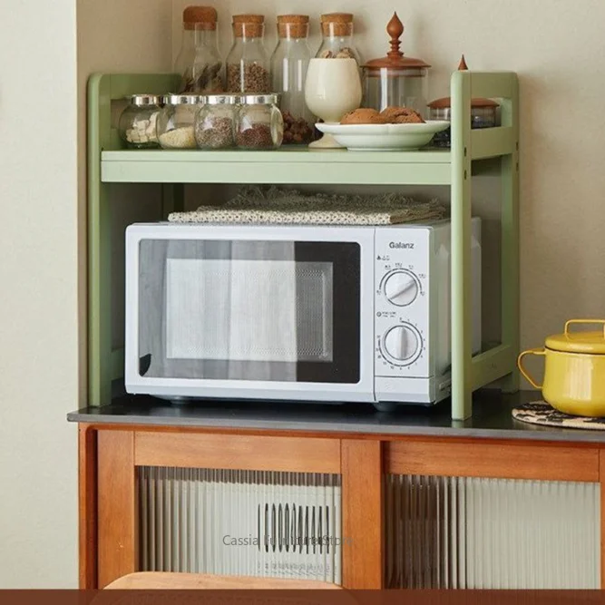 Solid Wood 2-Tier Kitchen Countertop Storage Rack for Microwave Oven, Space-Saving Organizer Shelf for Home