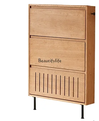 

FG17Solid Wood Ultra-Thin Shoe Cabinet Japanese Style Cherrywood Door Suspension Entrance Cabinet