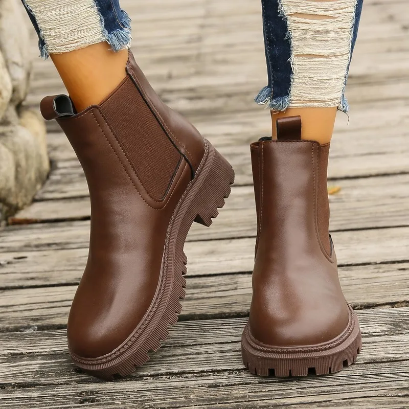 Women\'s Boots Platform Brown Black White Autumn Winter Thick Leather Short Punk Gothic Chelsea Shoes Comfortable Elegant Casual