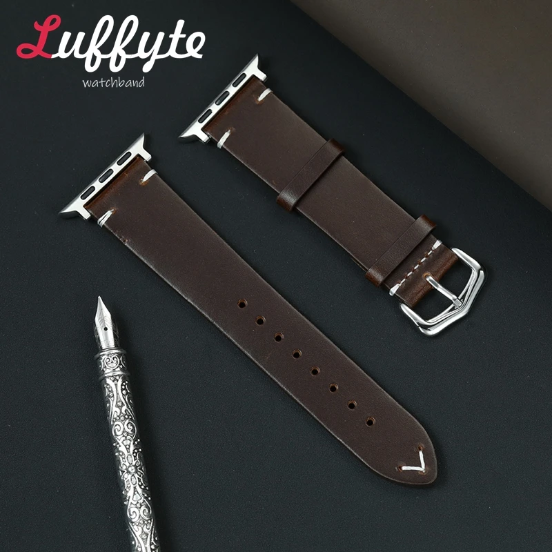 

Brown Red Men Leather Watch Strap for Apple Watch 38/40/41/42/44/45/46/49mm Watchband for Iwatch 1-10 SE Ultra 2 Wrist Belt