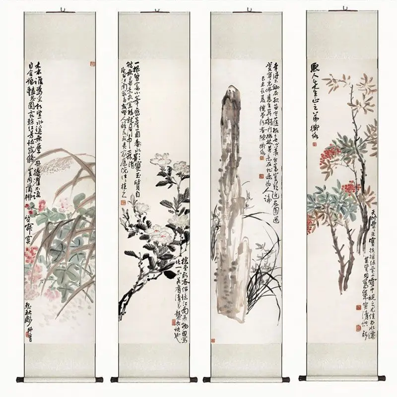 Chinese Four‑Panel Vertical Scroll Set, Flowers‑and‑Birds & Landscape Motif Oriental Wall Hanging Decor for Tea Room Art