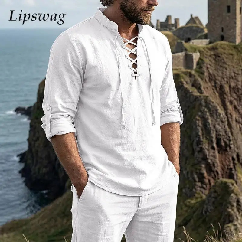 

Классические рубашки-поло на шнуровке для мужчин, весна 2026, повседневные, свободные, с длинным рукавом, винтажные, однотонные, льняные топы