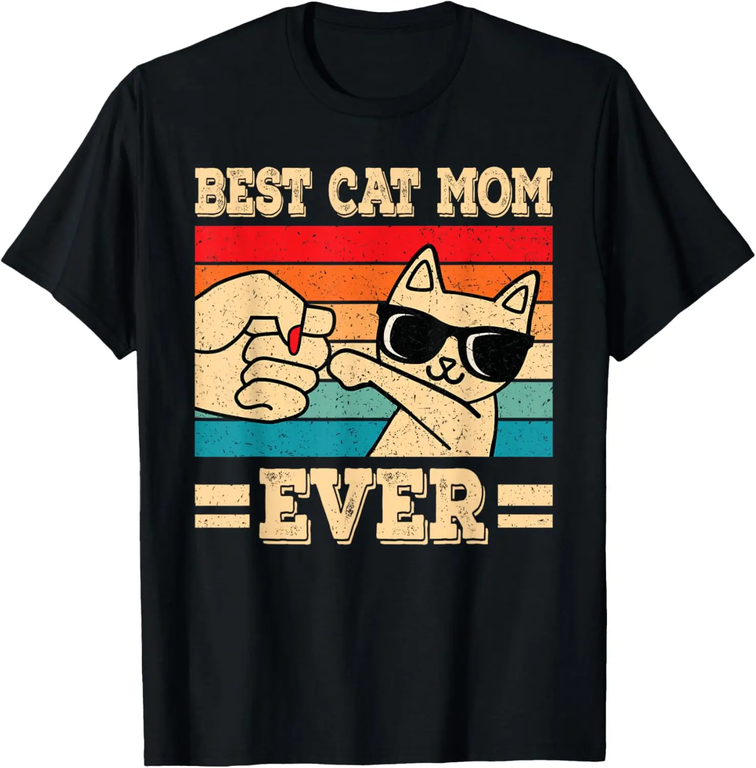 

Best Cat Mom Ever Fist Bump Graphic Tee Retro Sunset T-Shirt Gift