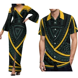 Custom Women'S Elegant Dress Samoa Polynesian Tribe Designed High Slit Dress With Men'S Shirt Couple Suit