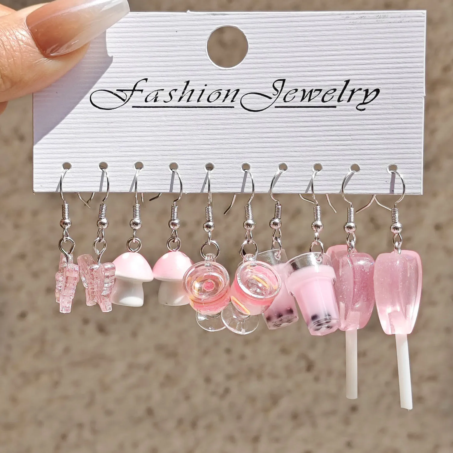 European and American cross-border cartoon fashion resin simulation food, milk tea, mushroom candy earrings, pink set