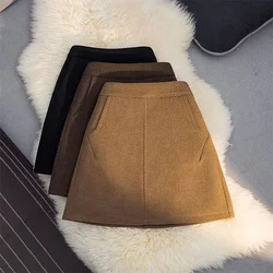 Fashion Faux Wool Women Mini Skirts Korean Elegant Office Lady A Line Skirts High Waist Streetwear Slim All Match Female Skirts