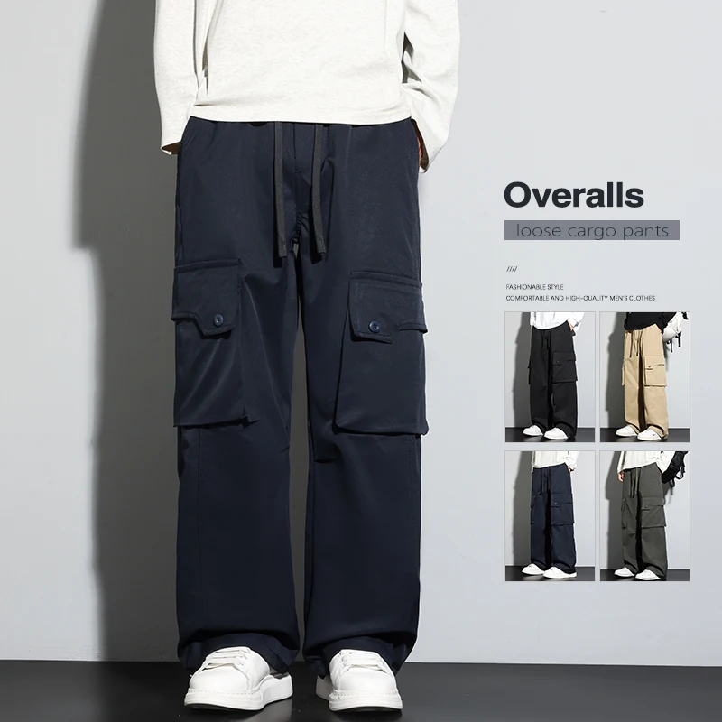 

Blue Baggy Cargo Pants Men's Spring Large Pockets Loose Wide Legs Overalls Outdoor Casual Jogger Trousers Fashion Streetwear