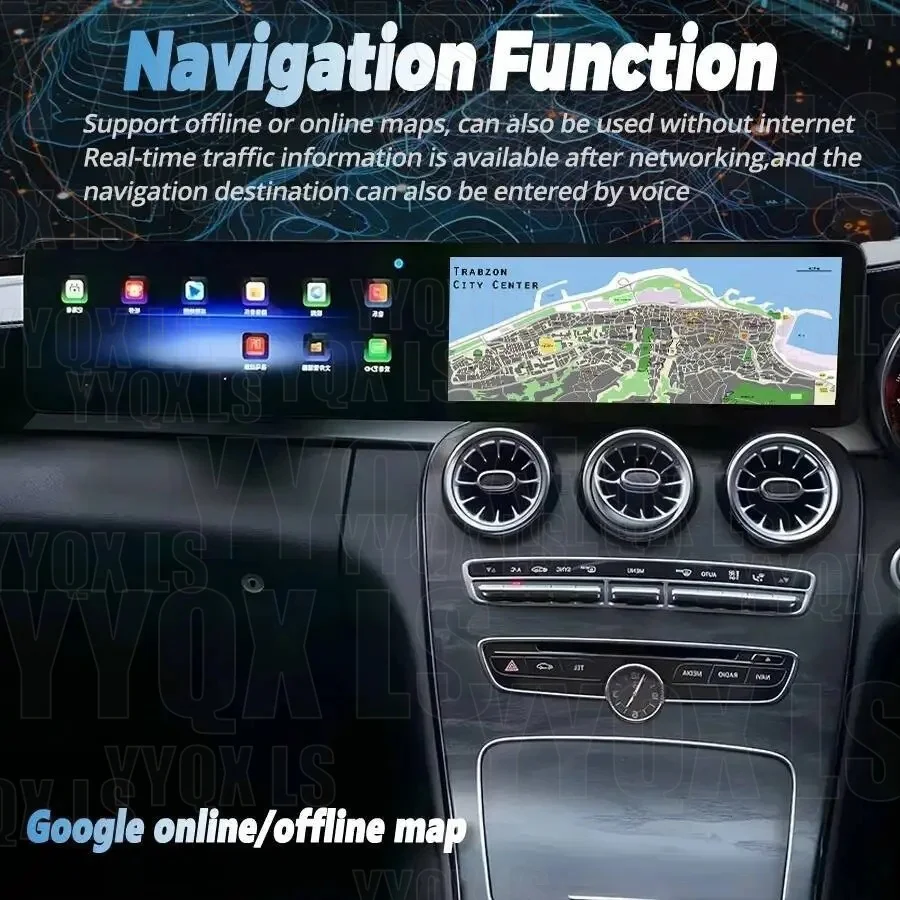 Двухэкранный Android-навигатор RHD 24.6 дюйма для Mercedes Benz C-класса W205, GLC X253, C180, C200, C220, C300, C350 2016-2022 с поддержкой CarPlay и GPS.