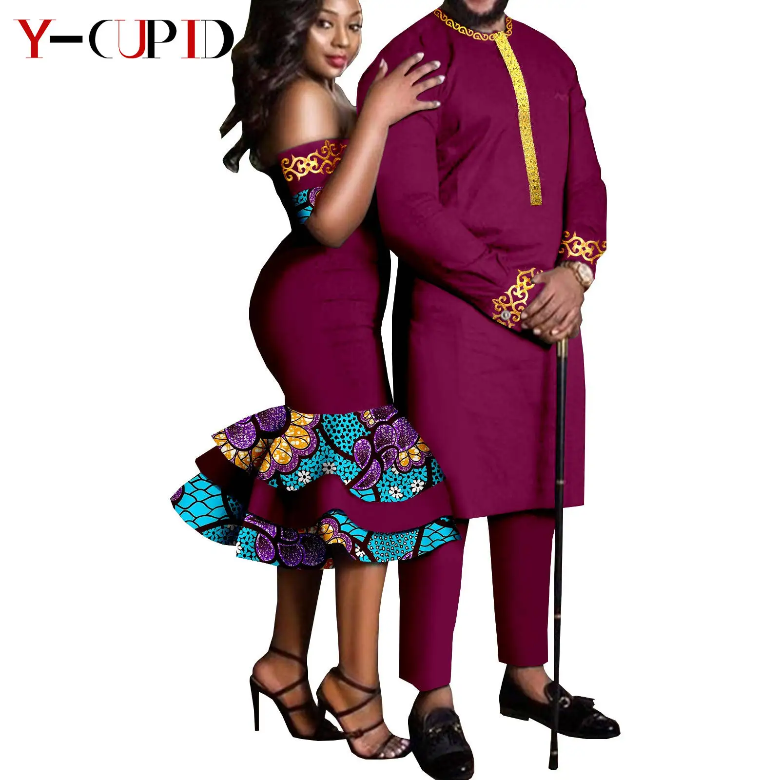 African Clothes for Couples Women Slim Mermaid Dresses Matching Men Outfit Top and Pants Sets Bazin Riche Party Vestidos Y21C027