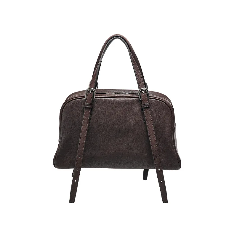 QIUZHEN Vegetable-Tanned Top-Grain Lambskin Bowling Bag Women's Vintage Casual Large Capacity Genuine Leather Tote Shoulder Bag