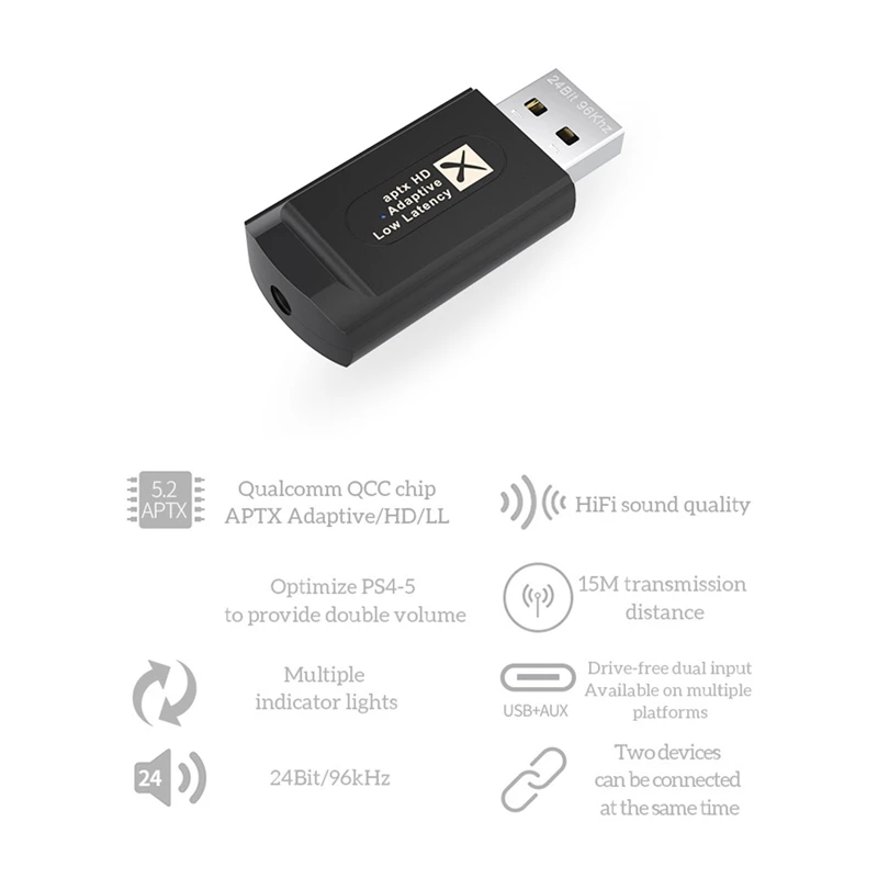 Bluetooth 5.2 Audio Transmitter With Mic QCC3040 24Bit 96Khz KB9P Aptx LL HD Adaptive Low Latency 3.5Mm Aux For TV PC