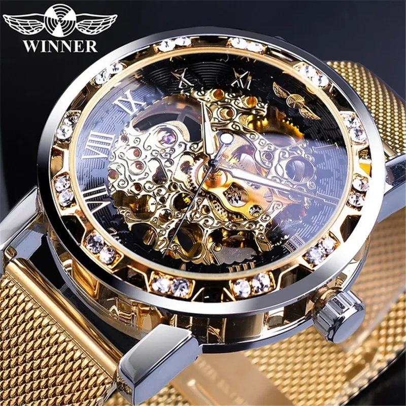 Free Shipping OUTLETS winner Men's Fashion Casual Classic Popular Rhinestone Hollow Mesh Belt Manual Mechanical Watch