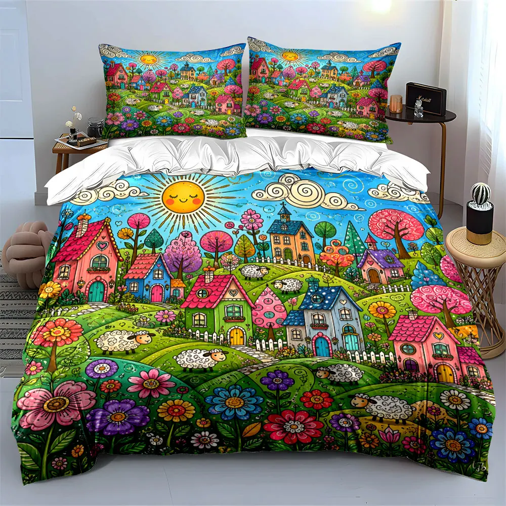 Colorful village and sunshine cartoon Print Soft Comfortable Duvet Cover Bedding Set Included 1*Duvet Cover  2*Pillowcases