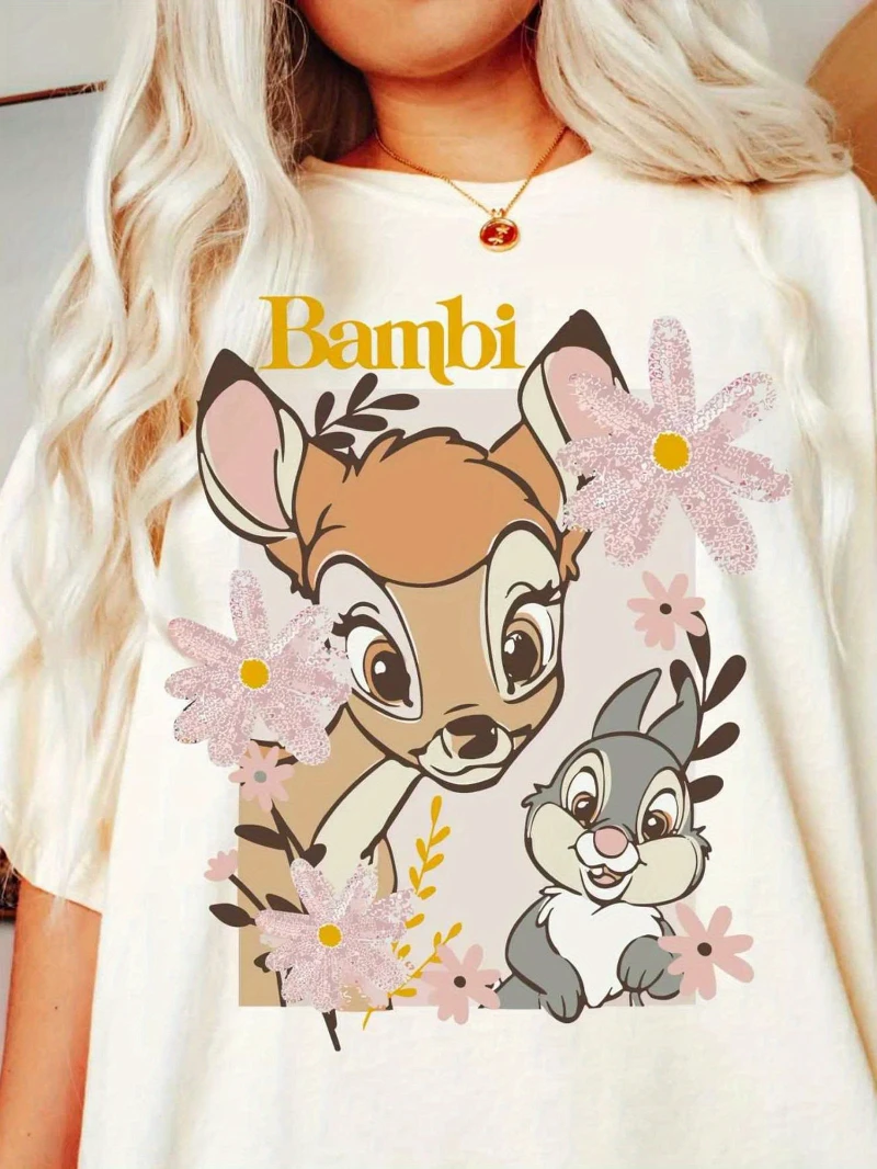 ديزني ريترو الغزلان بامبي والأرنب القفز زهرة تي شيرت لينة ومريحة جولة الرقبة عارضة المرأة الصيف القطن تي شيرت