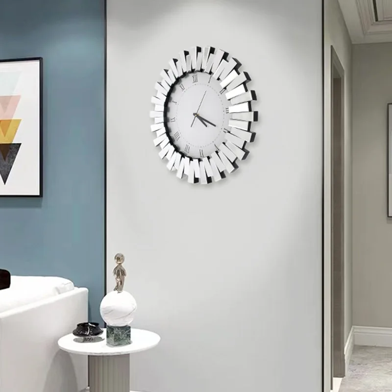 Stylish simple glass mirror wall clock light luxury modern creative clock living room entrance wall decoration electronic clock