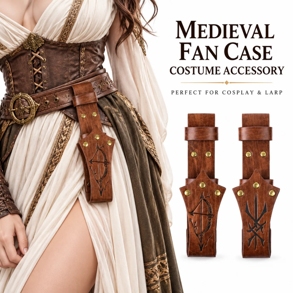 Halloween Medieval Fan Case PU Leather Waist Fan Holder Cosplay LARP Costume Prop