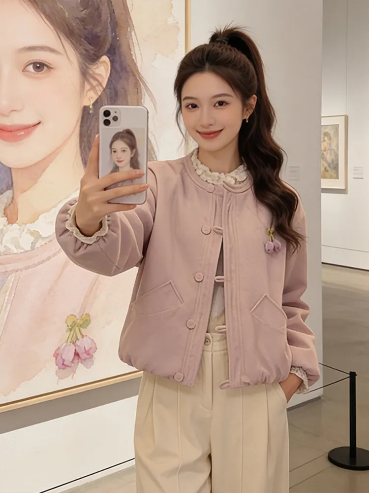 

Cute Lace Collar Patchwork round Neck Short Cotton Jacket 2025 Winter New Button Design Gentle Forest System Style Women's Coat