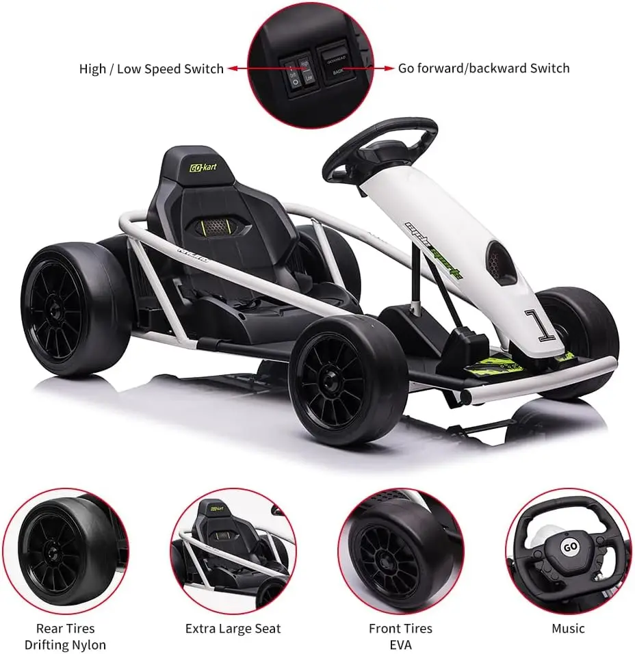 Go Kart pour adolescents 24v 2x300w moteurs Extra puissants Karts électriques avec démarrage lent, jouet d'extérieur pour enfants de 8 à 11 ans
