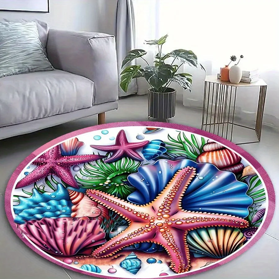 Sea Star Shell Round Rug Colorful Flannel Doormat Ocean Theme Floor Mat Bathroom Beach House Decor Waterproof Non SlipAreaCarpet