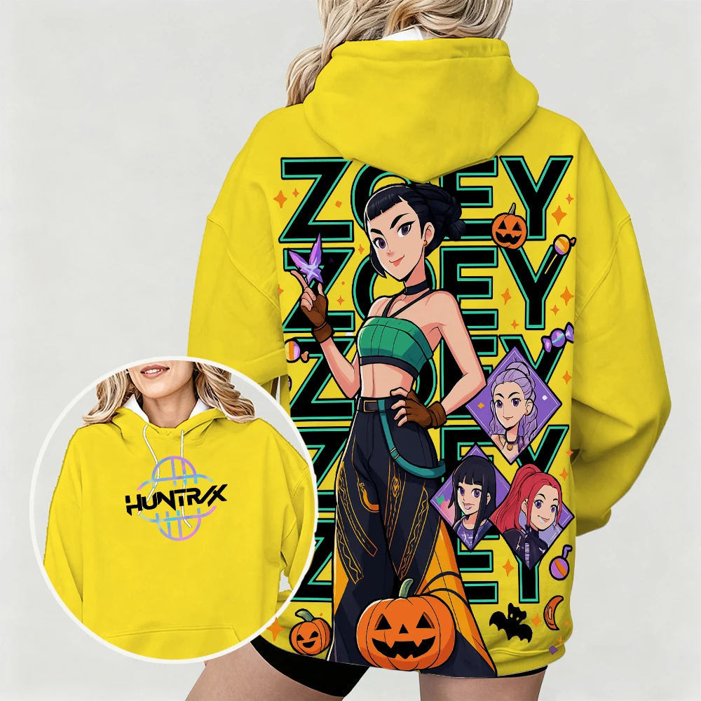 Sudadera con capucha para mujer con estampado de dibujos animados de KPop Demon Hunters Zoey, perfecta para estilo callejero, con diseño moderno temático de Halloween