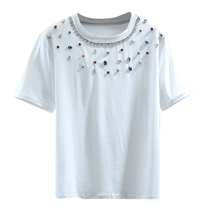 Color Diamond Round Neck Short Sleeve T-shirt for Women 2023 Summer Korean Style Loose Pure Color Cotton Tshirt Straight Top