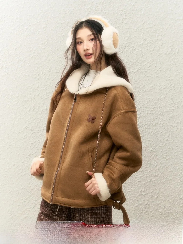 

Зимний теплый комплект ELEVEN SP: женская куртка из замши с темно-синим воротником и модные брюки с высокой талией для повседневной носки, утепленные