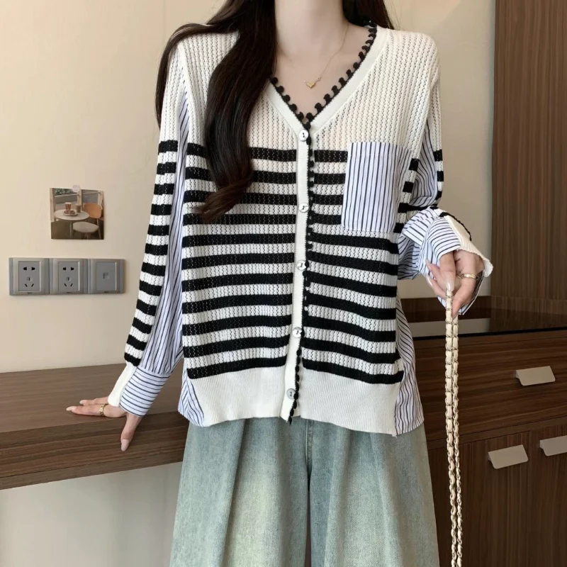 フェイクツーピース Vネック 長袖セーター シックジャケット コントラストカーディガン ボタン カジュアルファッショントップ