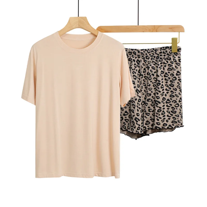 European Summer Short-sleeved Tops Shorts Pajamas Set Women's Pajamas Leopard Print Loungewear Pijama Feminino Modal Homewear