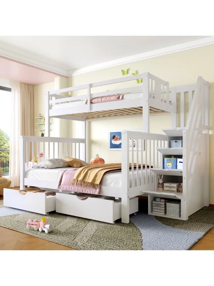 Ye Bunk Beds for Kids, Double High Sleeper Bed Frame with Storage and Guardrail, Space-Saving Design White (No Mattress)