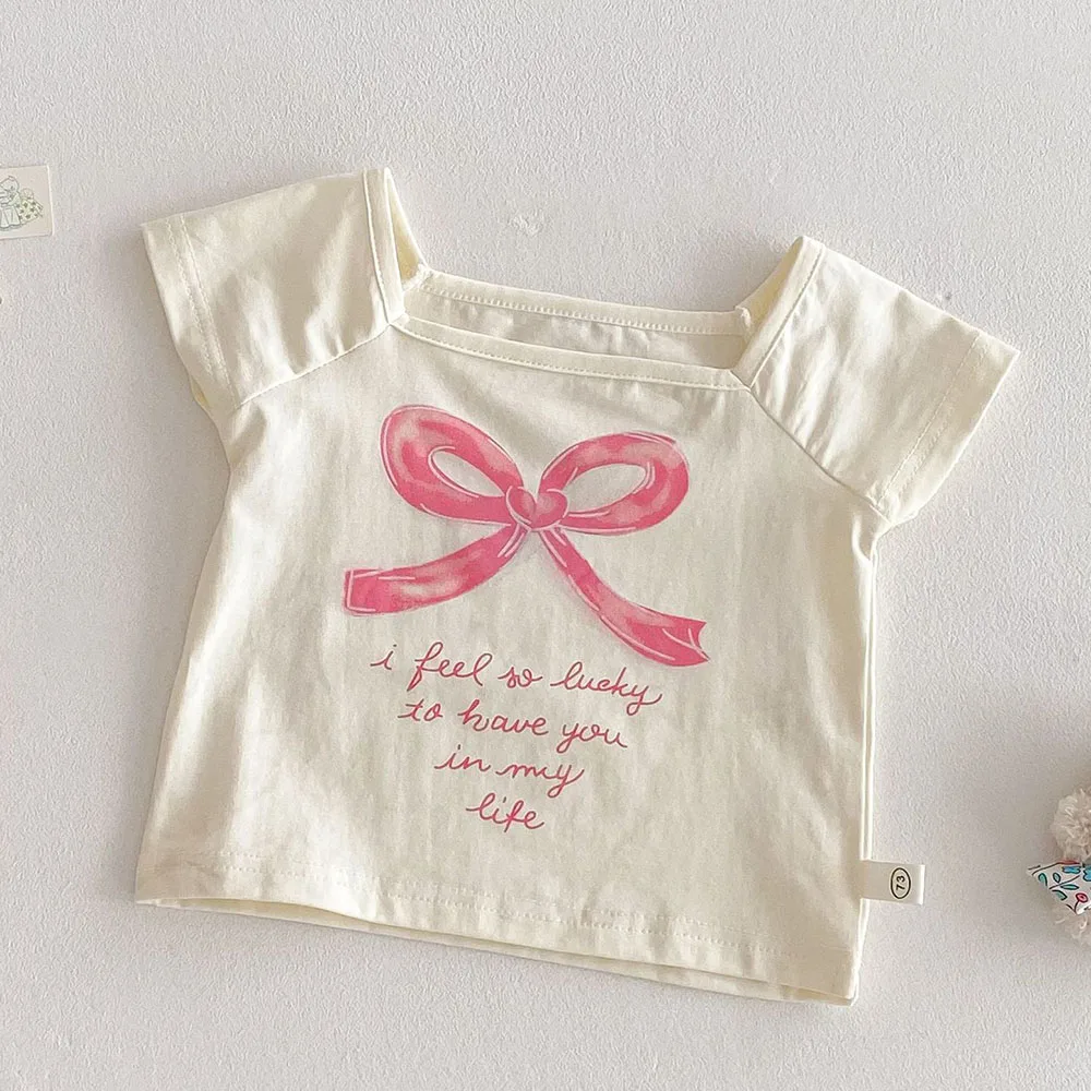 

Детская одежда, футболки для девочек, хлопковая летняя детская эксклюзивная одежда с бантом и буквенным принтом, рубашки для малышей