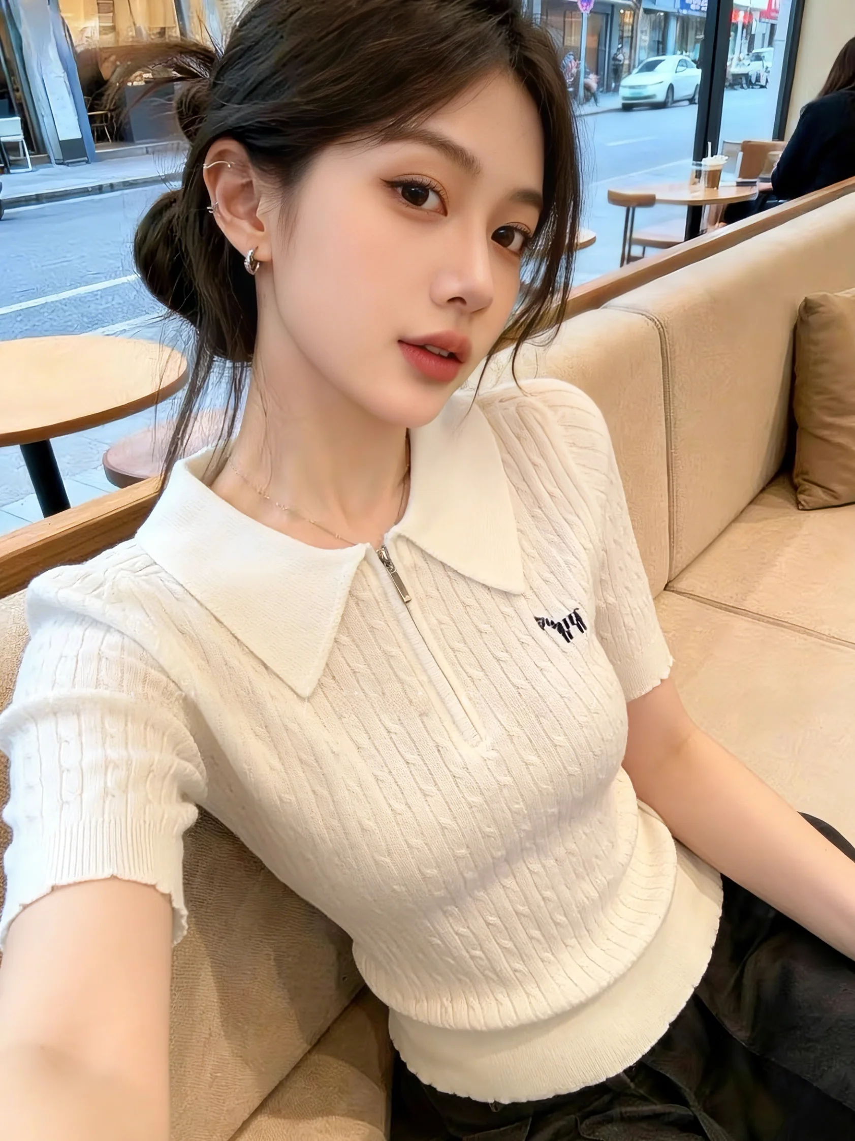

Embroidered Half Zip Neck Short Sleeve Knitted Top Women's Summer New Style Versatile Self-Keeping Korean Straight Cut S...
