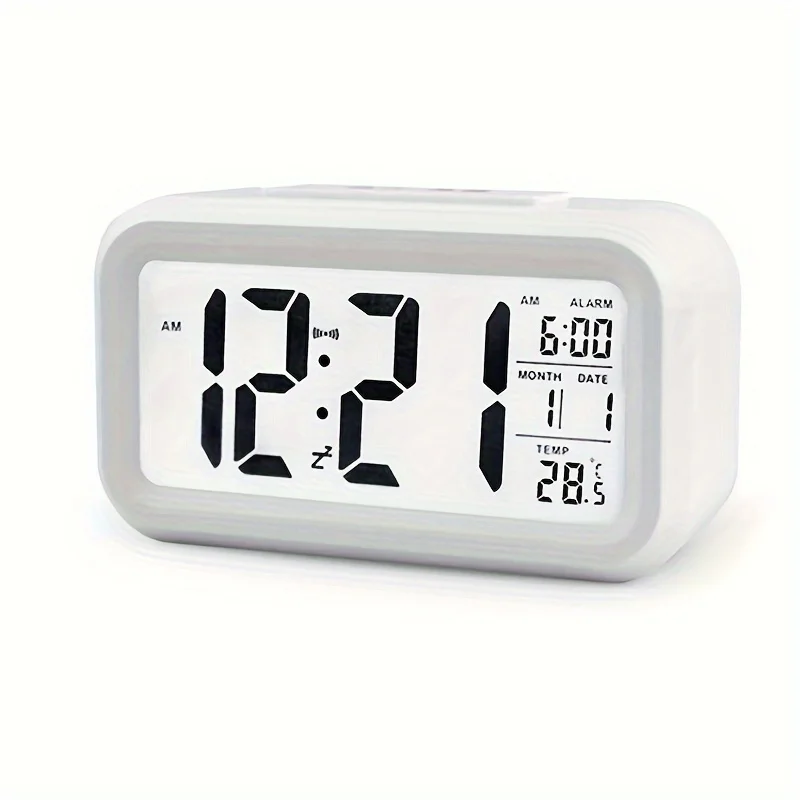 Smart Digital Alarm Clock with Intelligent Light Sensor Large LCD Screen Display Date Temperature Snooze Mode Silent Desktop Electronic Clock for Bedroom Bedside Kids Gift