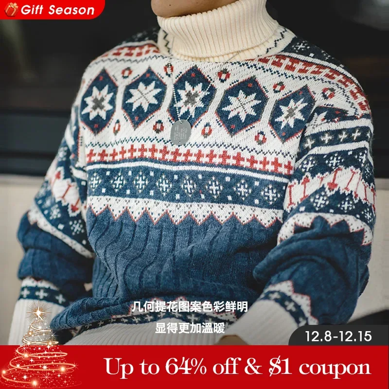 Maden Workwear Tops Men\'s Autumn Winter Vintage Printed Sweater Thick And Warm Reversible High Neck Knit