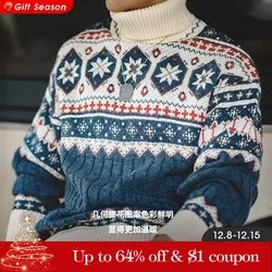 Maden Workwear Tops Men's Autumn Winter Vintage Printed Sweater Thick And Warm Reversible High Neck Knit