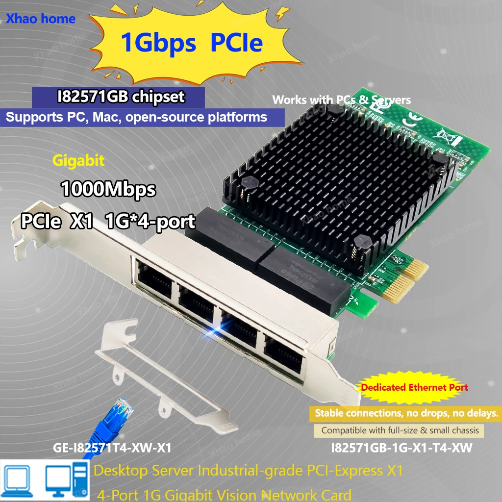 

Quad Port Gigabit PCI-E Network Card 1Gbps for Intel I82571GB Chip X1 Slot Servers/Desktop PCs for Windows XP/7/8/10/11/Linux