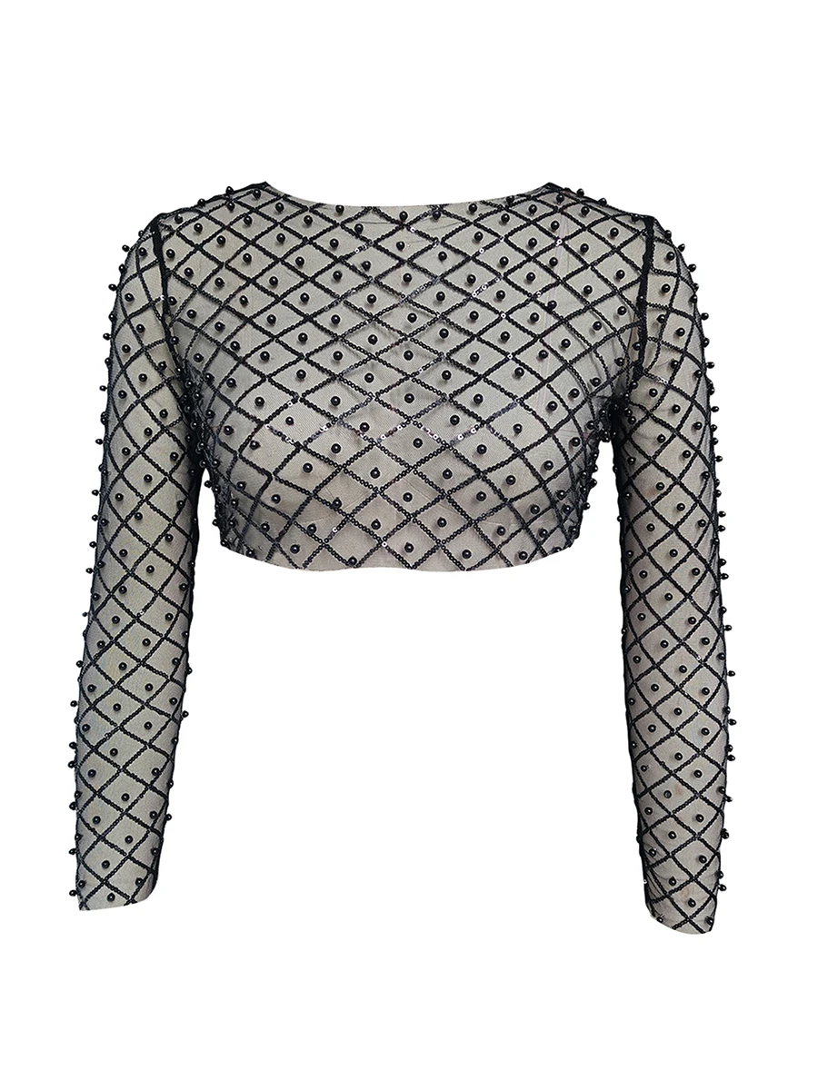 Top corto con cuentas de diamantes de imitación para mujer, blusa ajustada de manga larga, camisa de malla con lentejuelas, camiseta sin mangas, ropa de fiesta para Club, Y2K