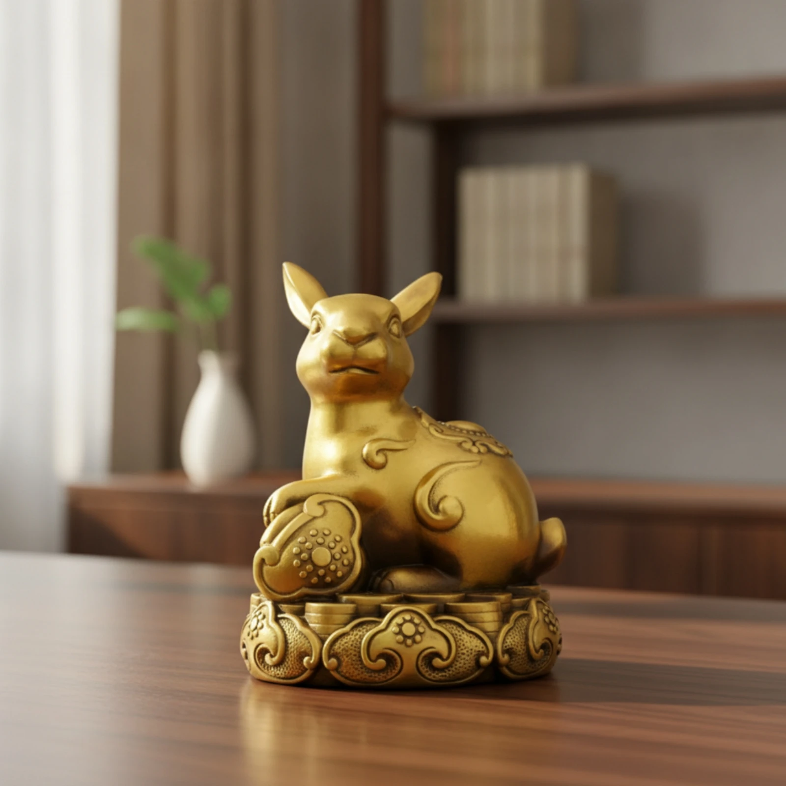 Astrological Rabbit Ornament Gold-Toned Astrological Rabbit Statue Sculpture Metal-Like Decoration Tabletop for Gift Givers