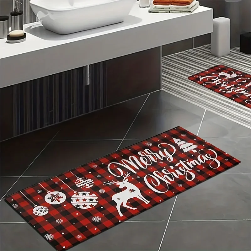 Christmas Sleigh Reindeer Printed Kitchen Floormat Winter Xmas Rug Decor Living Room Balcony Hallway Bath Toilet Non-slip Carpet