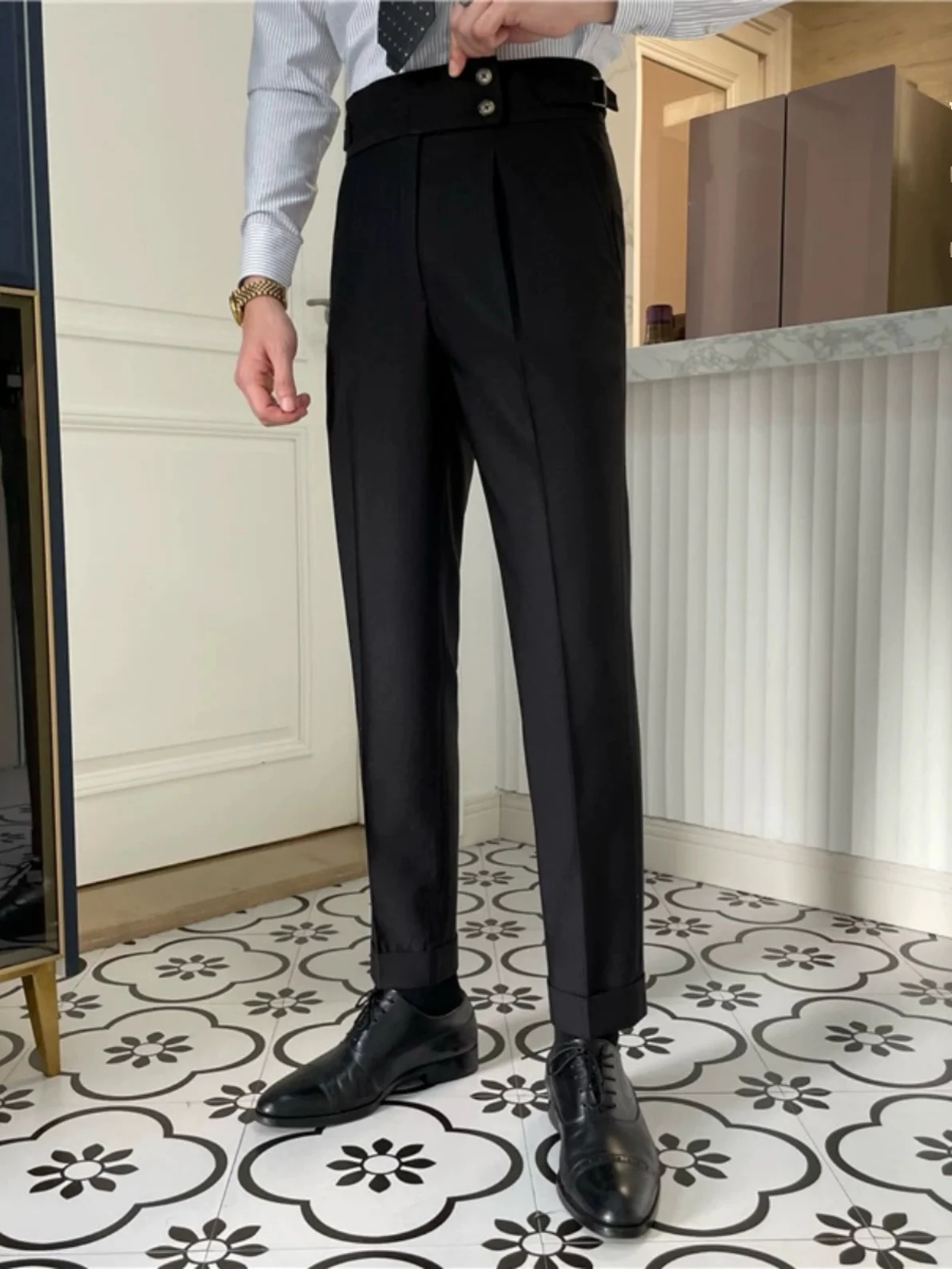 

Italian Neapolitan Men's Straight Leg Casual Pants No Ironing Required High Waist Long Trousers for Commuting And Busin