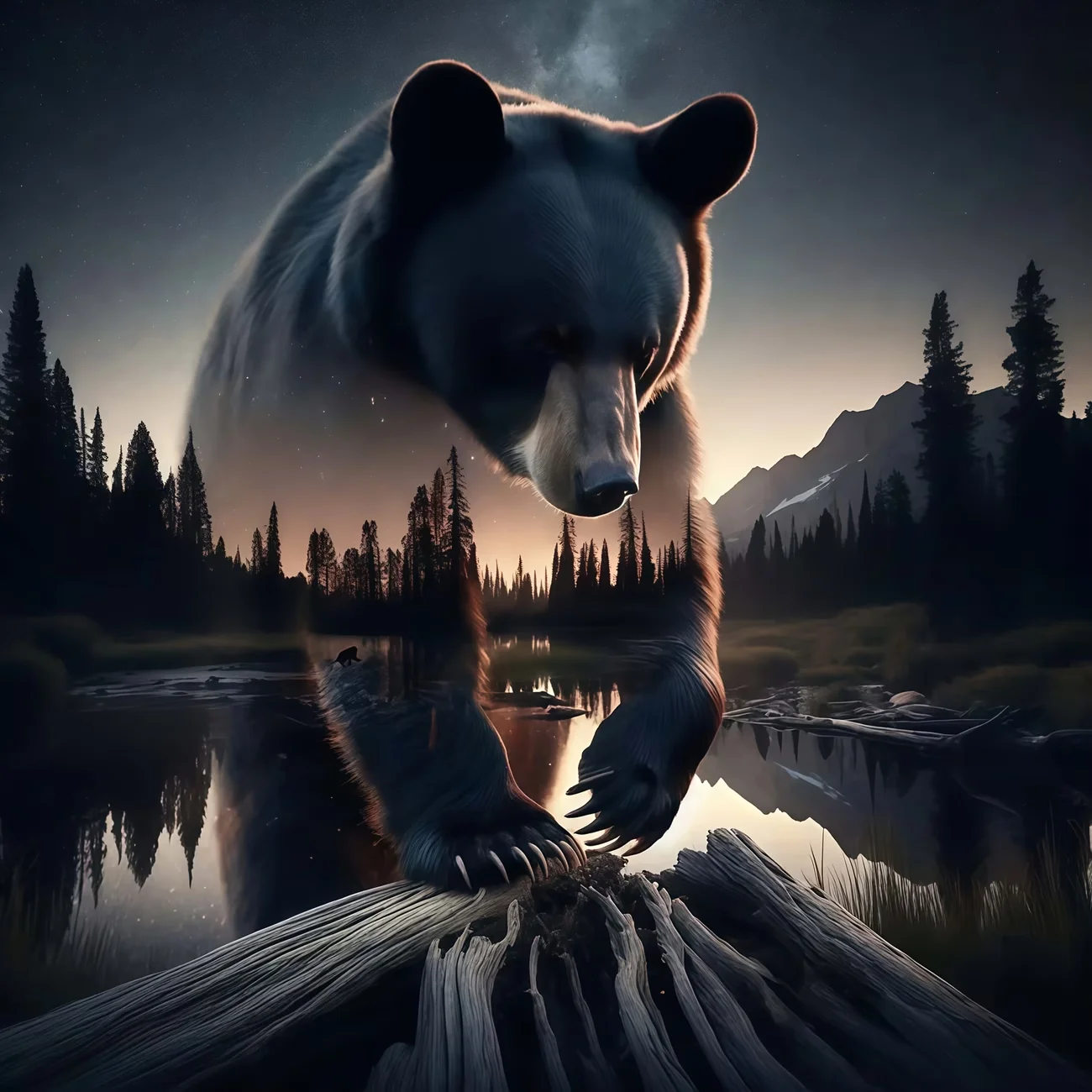 Kit de Pintura de Diamantes 5D con Diseño de Oso Negro de Doble Exposición y Paisaje de Montaña, Bosque y Lago - Decoración de Pared con Arte de Animales Salvajes y Naturaleza