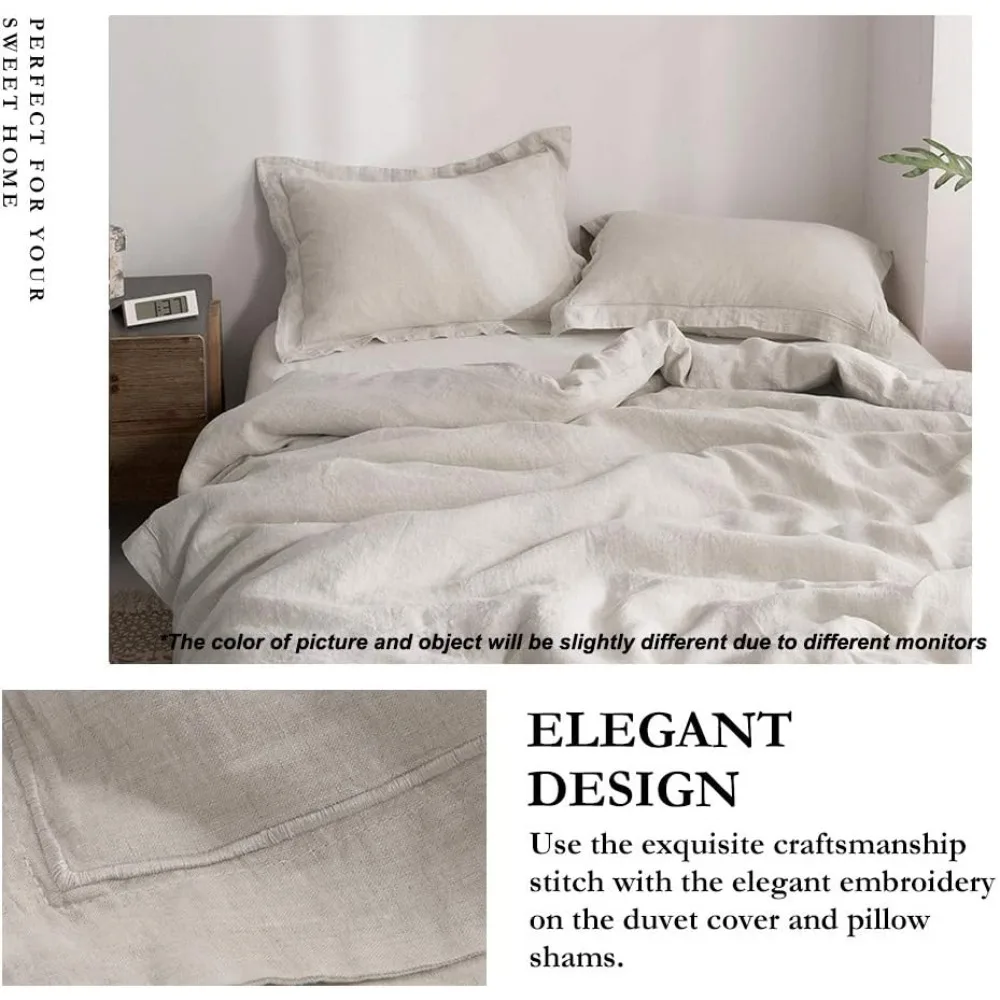 100% Linen Duvet Cover Set with Embroidery Washed - 3 Pieces (1 Duvet Cover with 2 Pillow Shams) with Button Closure
