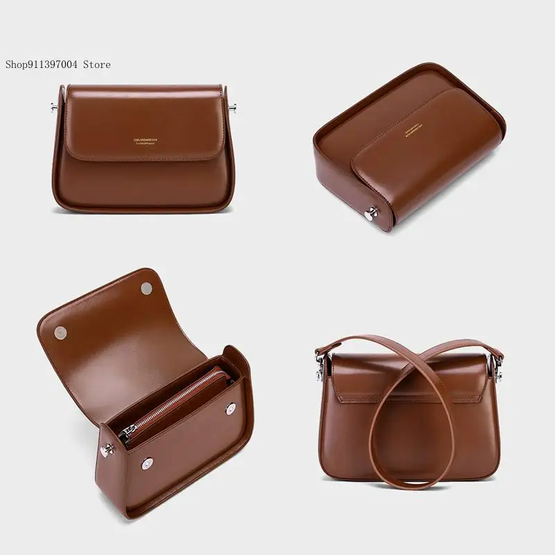 Women's Bag Female Elegant Saddle Shoulder Bag Textured Niche Design Cowhide Split Leather Crossbody Messenger