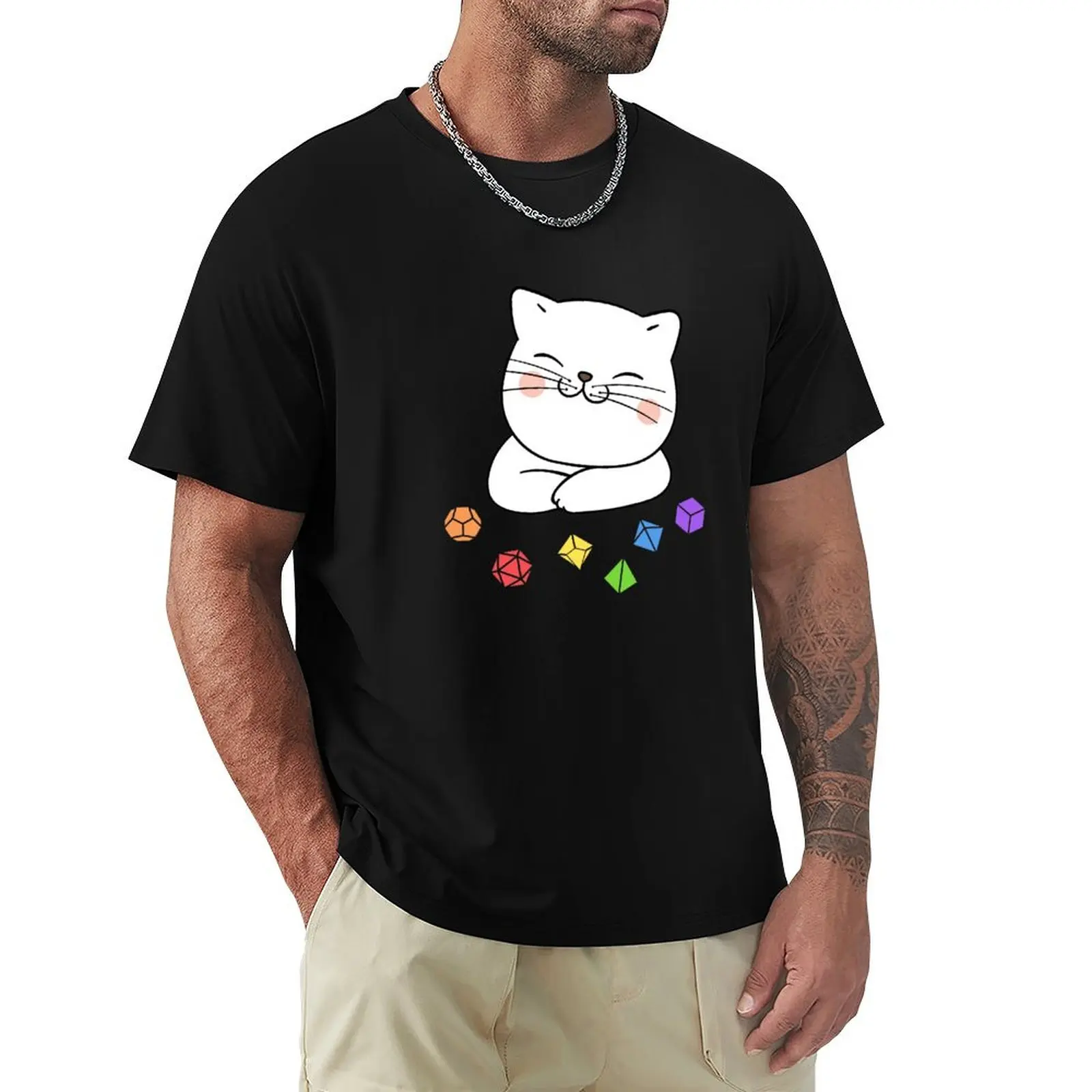 Rainbow Dungeon Meowster Kitten with Polyhedral Dice Set T-Shirt t shirts for man cotton funny T-Shirt