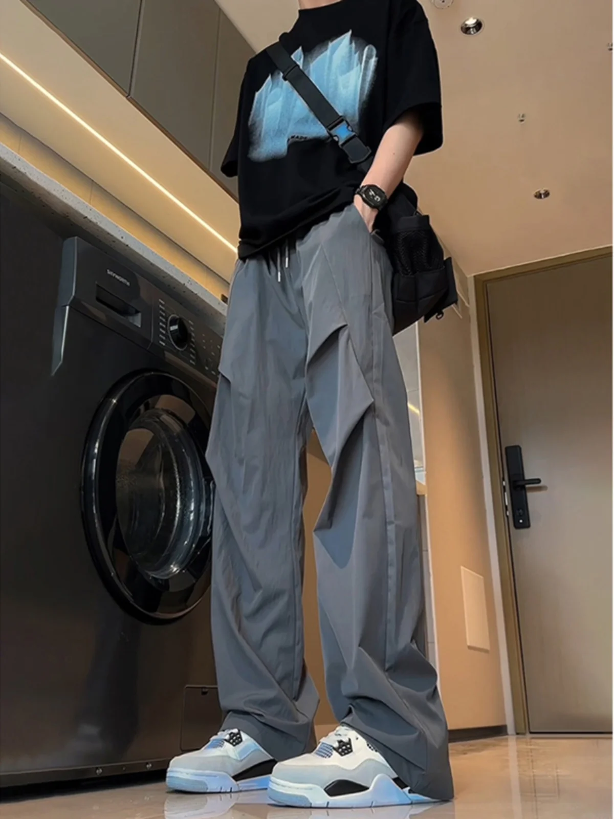Deep Grey Pleated Ice Silk Men's Summer Thin American Functional Trousers High Waist Slim Wide Leg Long Pants Casual Pants