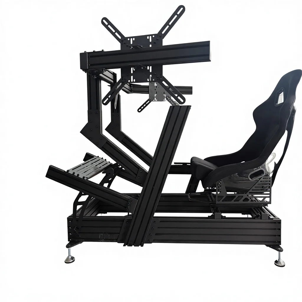 Racing Simulator Kit With Adjustable Seat And Triple Monitor Mount, Ready To Assemble